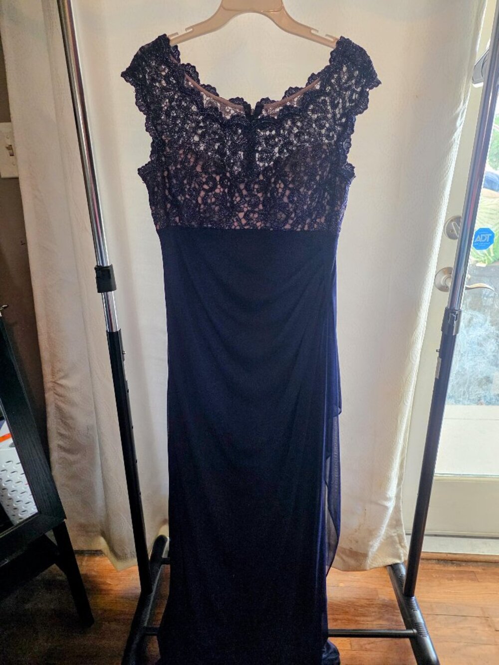 Navy Blue Xscape Formal Dress with Lace Capped Sleeves